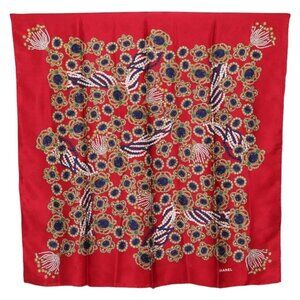 CHANEL Scarf Silk Red CC Auth yk20114